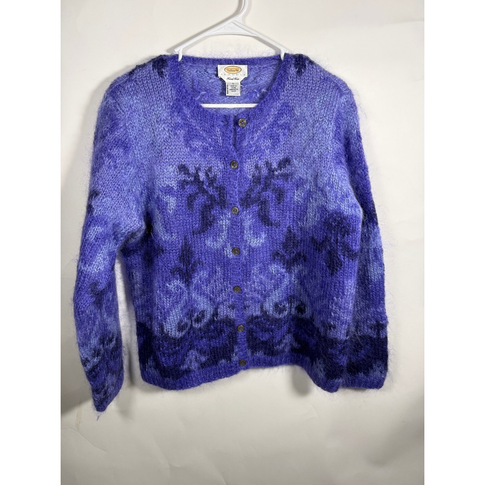 Talbots Petites Hand Knit Mohair Cardigan Sweater Purple Blue Damask Floral L